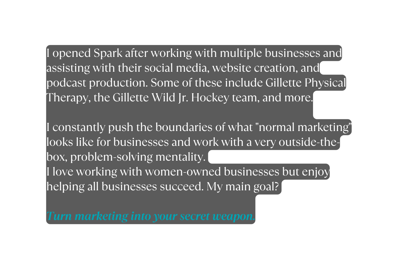 I opened Spark after working with multiple businesses and assisting with their social media website creation and podcast production Some of these include Gillette Physical Therapy the Gillette Wild Jr Hockey team and more I constantly push the boundaries of what normal marketing looks like for businesses and work with a very outside the box problem solving mentality I love working with women owned businesses but enjoy helping all businesses succeed My main goal Turn marketing into your secret weapon